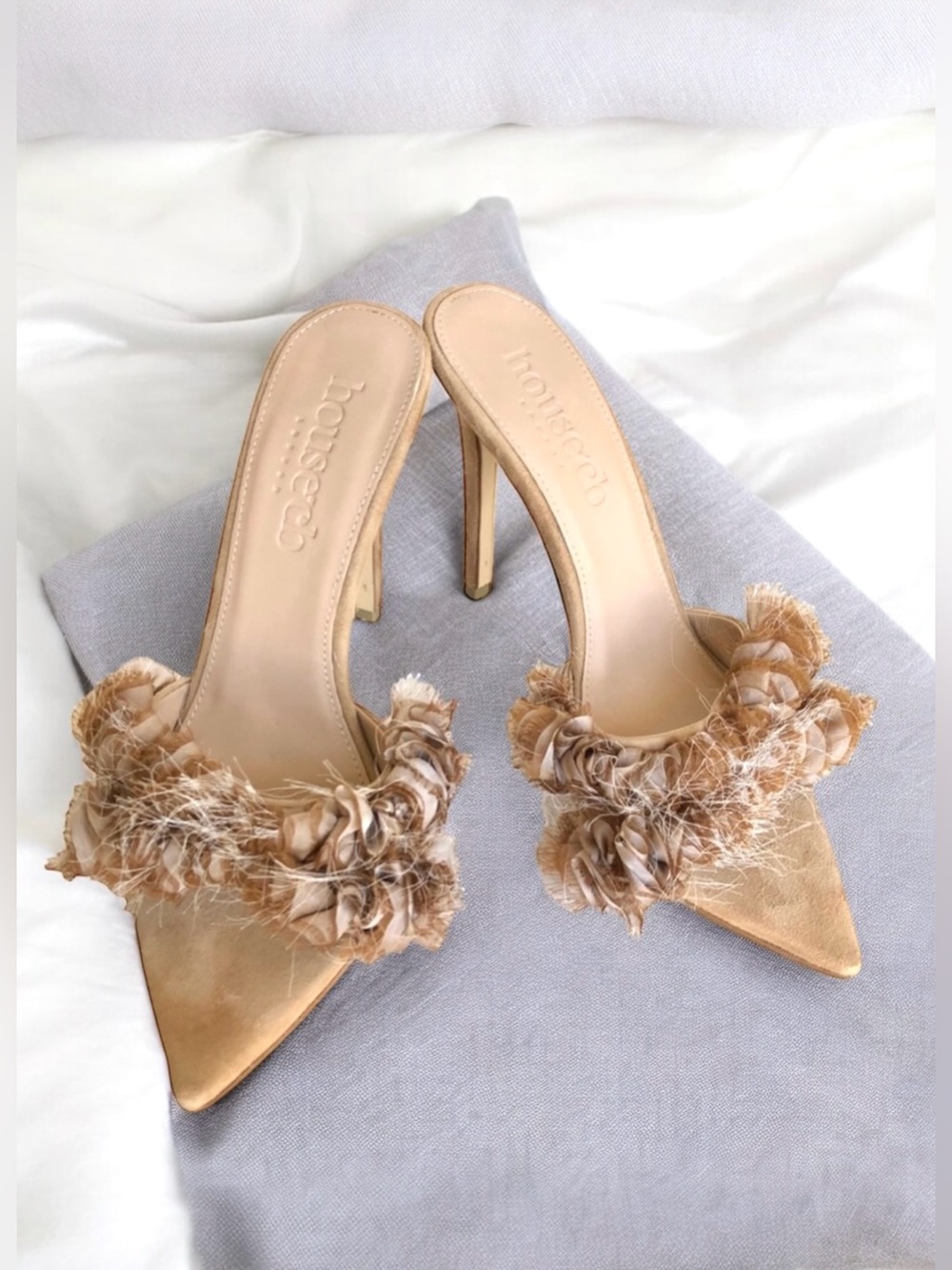 House of CB Lumiere Stiletto Sandals Suede Ruffled Heels